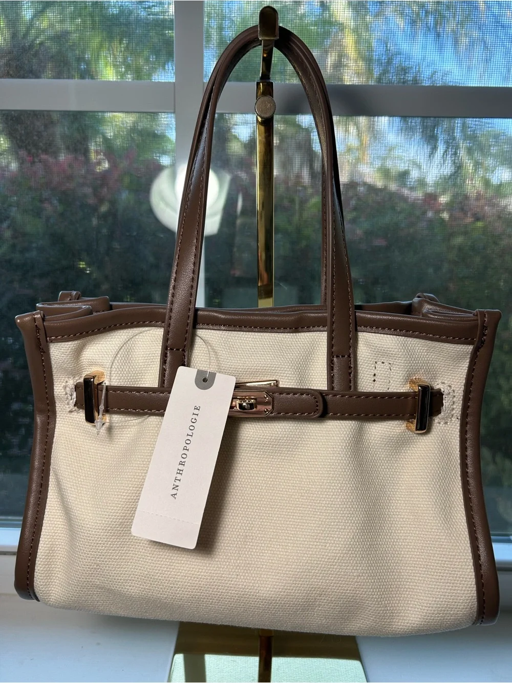 NWT🌷Anthropologie Cream Canvas Tote with Brown Trim and Gold Lock Hardware